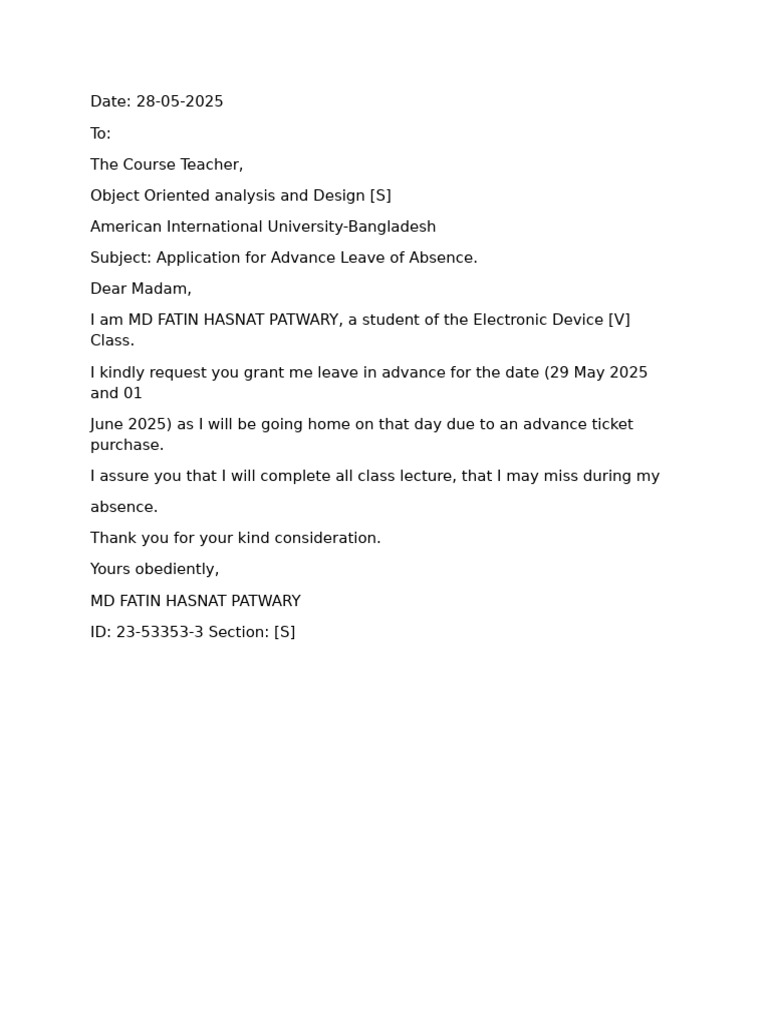 Advance Leave Request for Class Absence | PDF