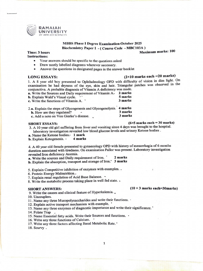 MBBS Biochemistry Exam Paper - Oct 2025 | PDF | Diabetes | Hyperglycemia