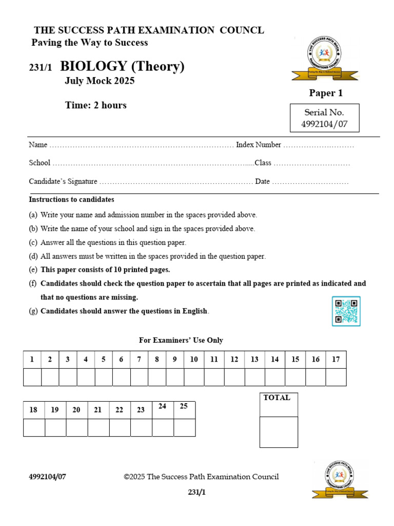 Biology Mock Exam Paper 2025 | PDF | Microscope | Biology