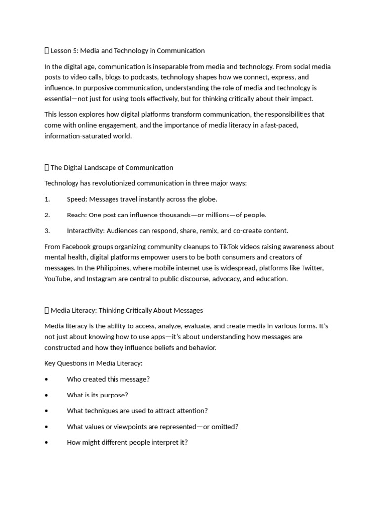 Lesson 5 - Media and Technology in Communication | PDF | Communication ...