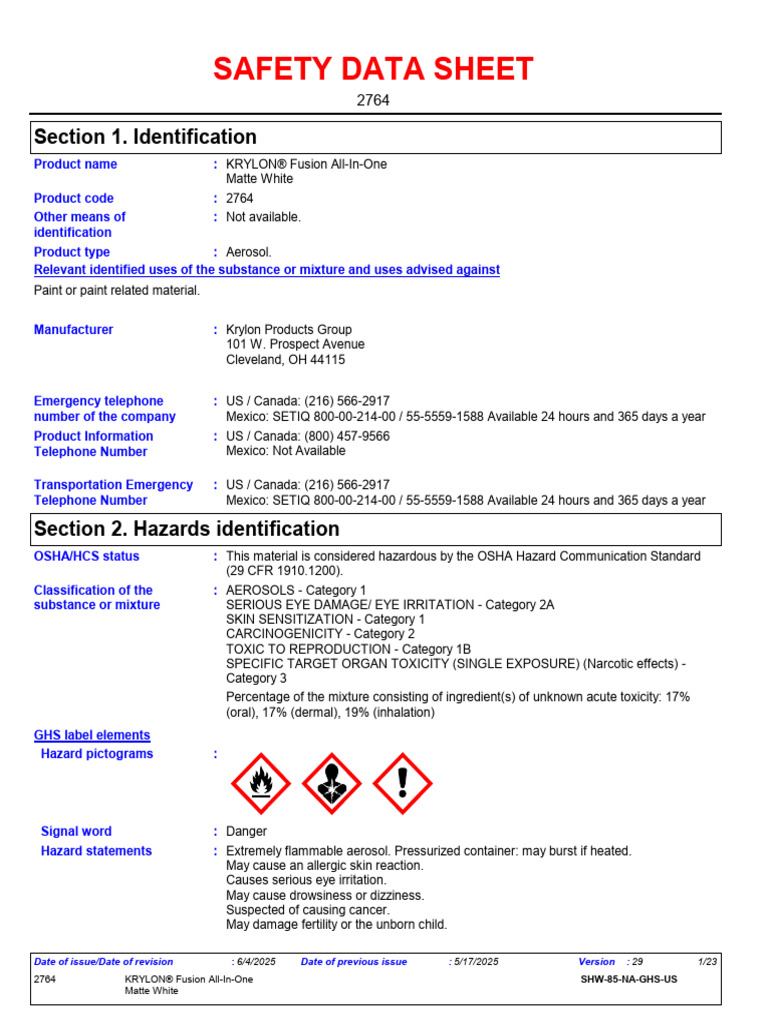 Krylon Fusion Matte White SDS Guide | PDF | Occupational Safety And ...