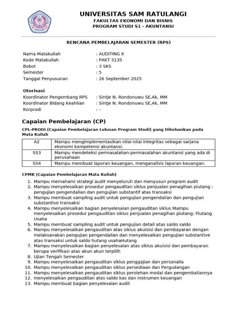 RPS Auditing II S1 Akuntansi Unsam | PDF