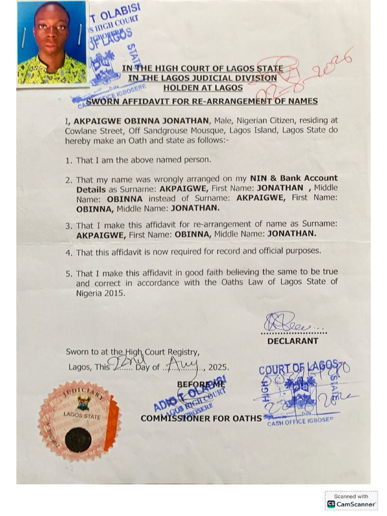 Affidavit For Change of Name On NIN & BVN | PDF