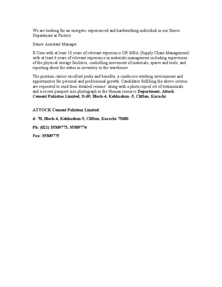 Senior Assistant Manager Position Available | PDF