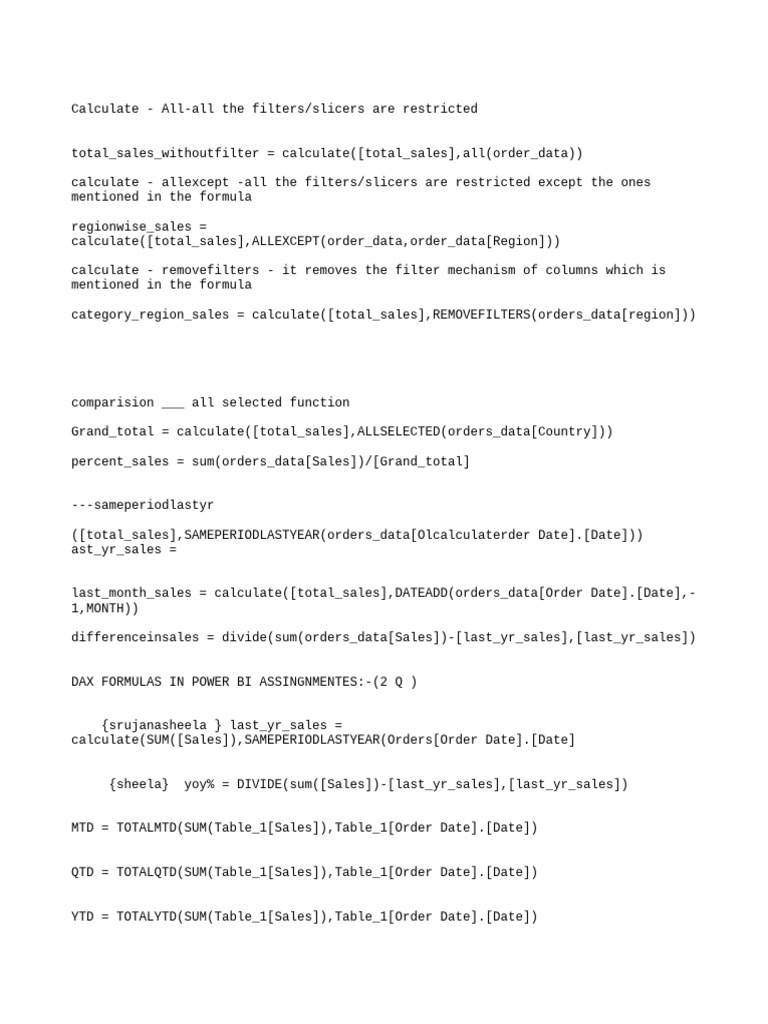 DAX Formulas for Power BI Sales Analysis | PDF