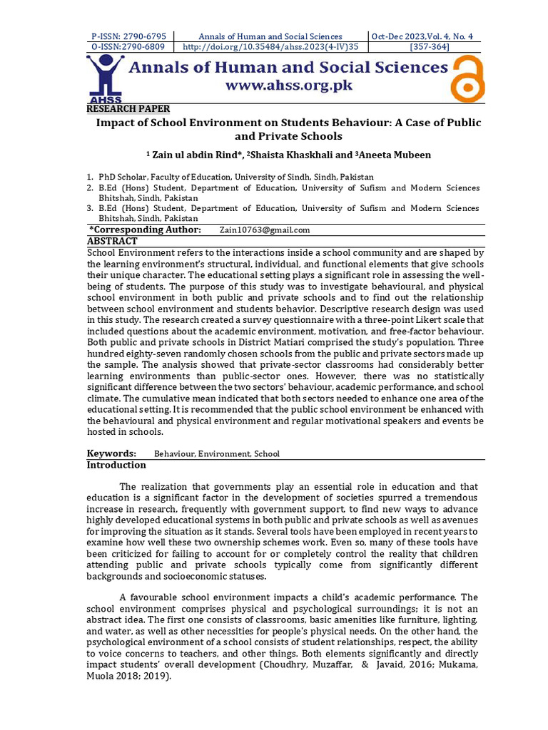 School Environment's Impact on Student Behavior | PDF | Statistical ...
