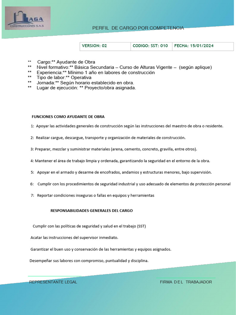 Requisitos y Funciones Ayudante de Obra | PDF