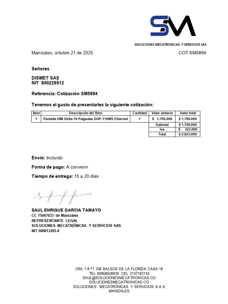 Cotización Pantalla HMI Delta 10" PDF — free download
