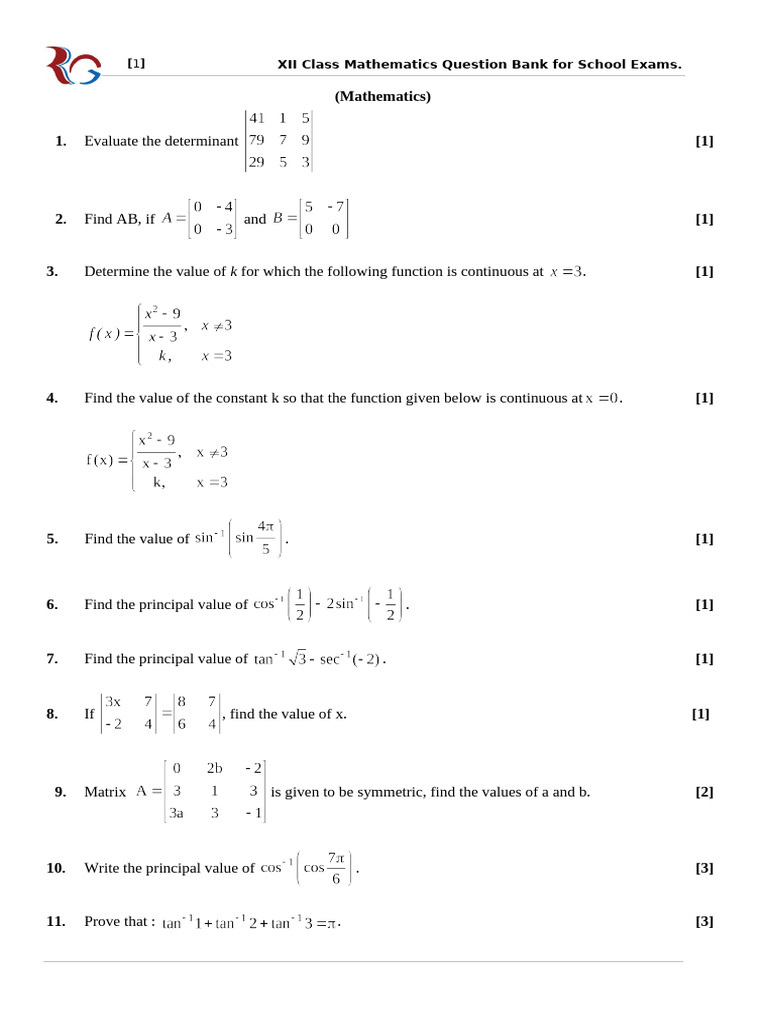 XII Class Math Question Bank for Exams | PDF | Function (Mathematics ...