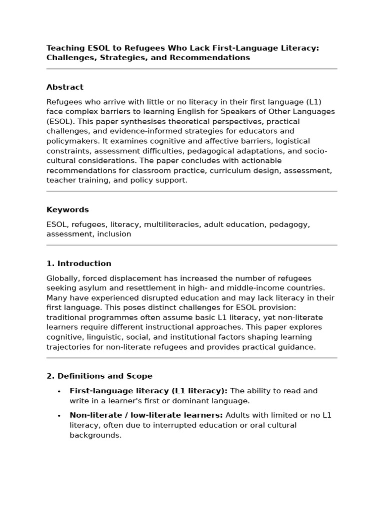 ESOL Strategies for Refugees Lacking Literacy | PDF | English As A ...