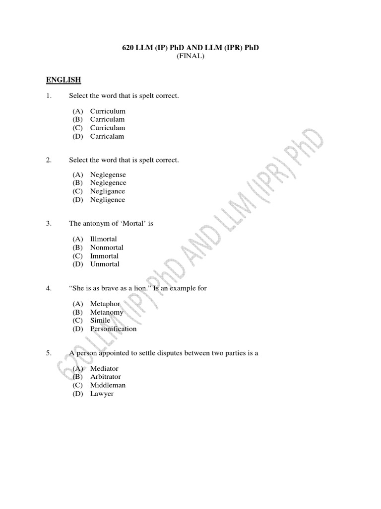 620 Aptitute Test For LLM - Ip - PHD and LLM - Ipr - PHD | PDF ...