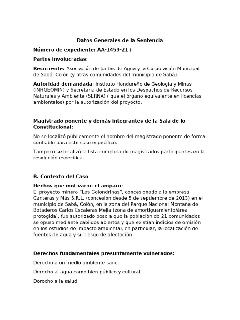 Amparo contra minería en Sabá, Honduras | PDF | Constitución | Justicia
