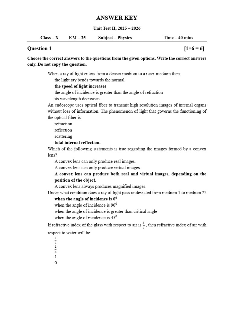 Physics Unit Test II Answer Key | PDF | Refractive Index | Optics