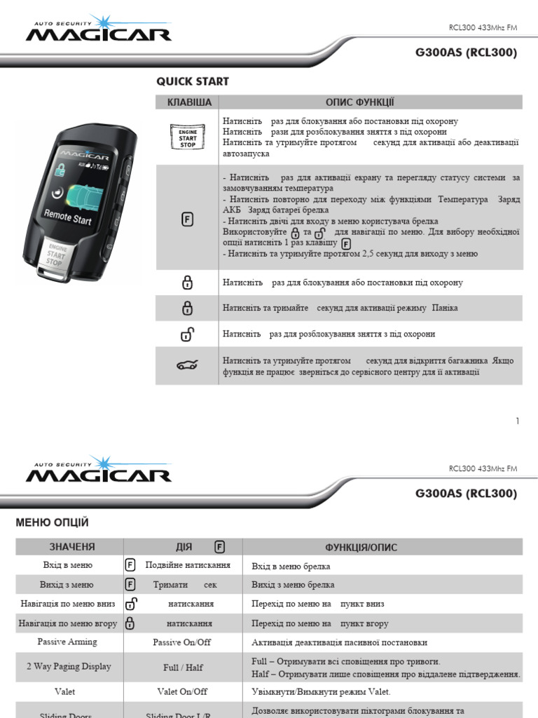 Magicar g300as Функції Брелка | PDF