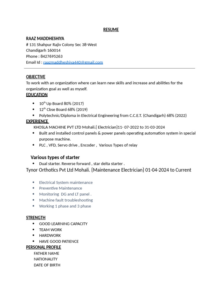 Electrical Engineer Resume of Raaz Maddheshiya | PDF