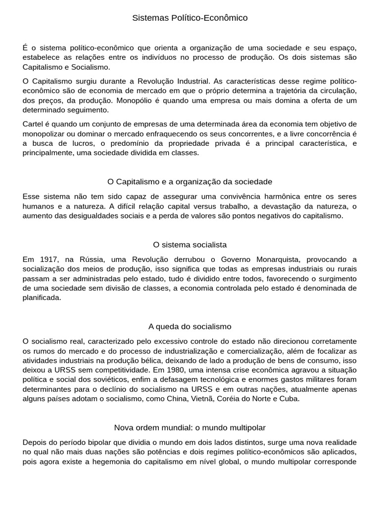 Texto Sistema Econômico-político | PDF | Socialismo | Capitalismo
