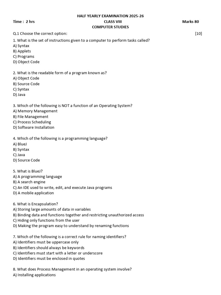 Class VIII Computer Studies Exam 2025-26 | PDF | Operating System ...