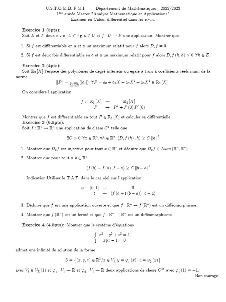 Examen Calcul Diff 22-23 | PDF | Relations mathématiques | Algèbre