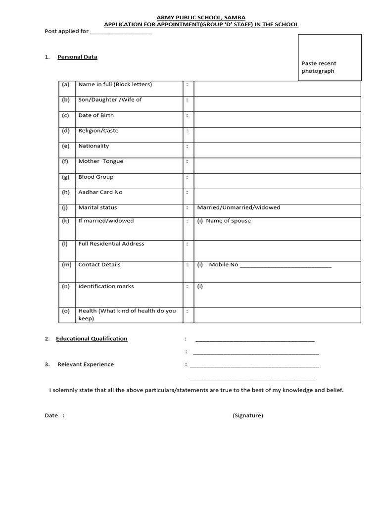 Army Public School Samba Group D Application | PDF