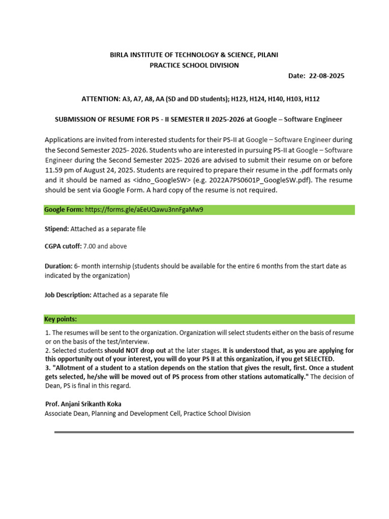 Google Software Engineer Internship Application | PDF