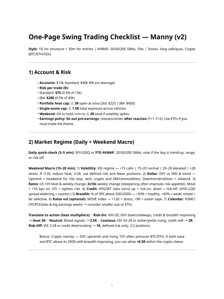 One-Page Swing Trading Checklist | PDF | Economies | Investing