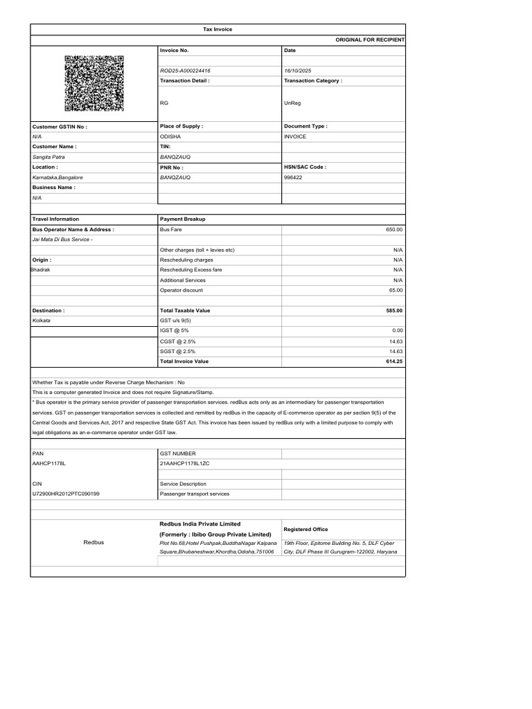 Tax Invoice for Bus Transportation Services | PDF | Invoice ...