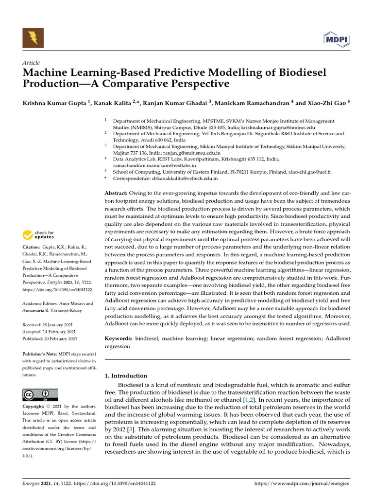 Machine Learning for Biodiesel Yield Prediction | PDF | Errors And ...