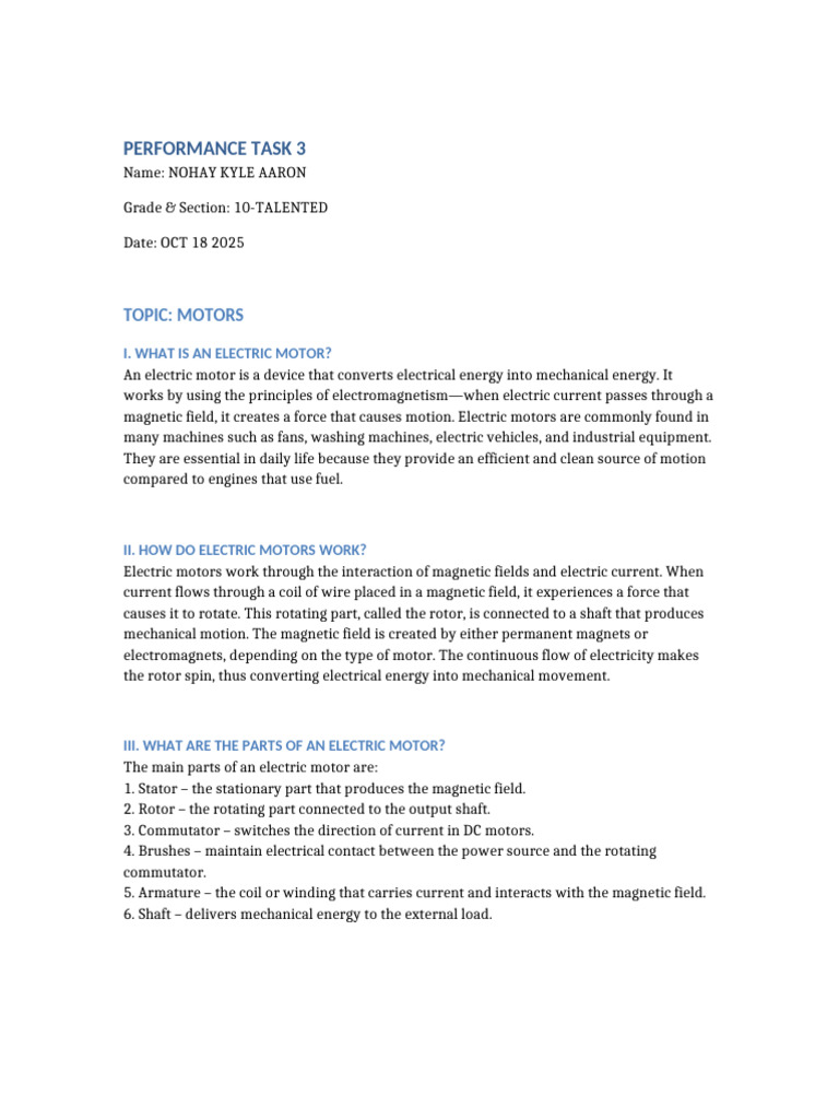 Performance Task 3 Motors | PDF | Electric Motor | Magnetic Devices