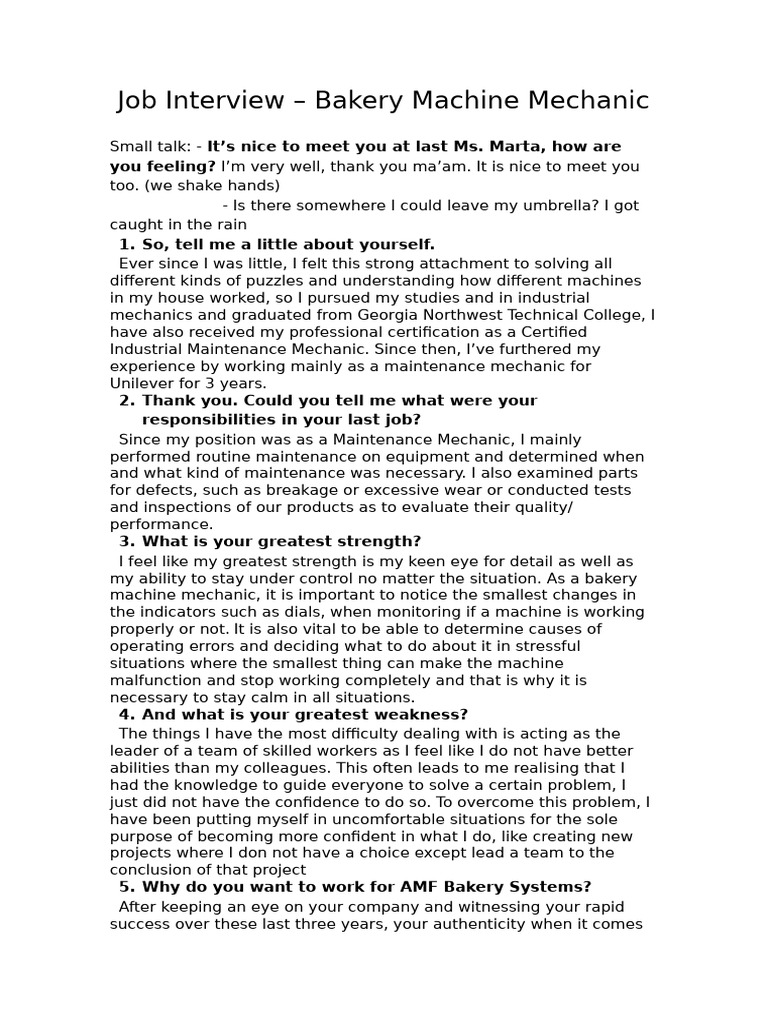 Bakery Machine Mechanic Interview Tips | PDF | Thought | Behavioural ...