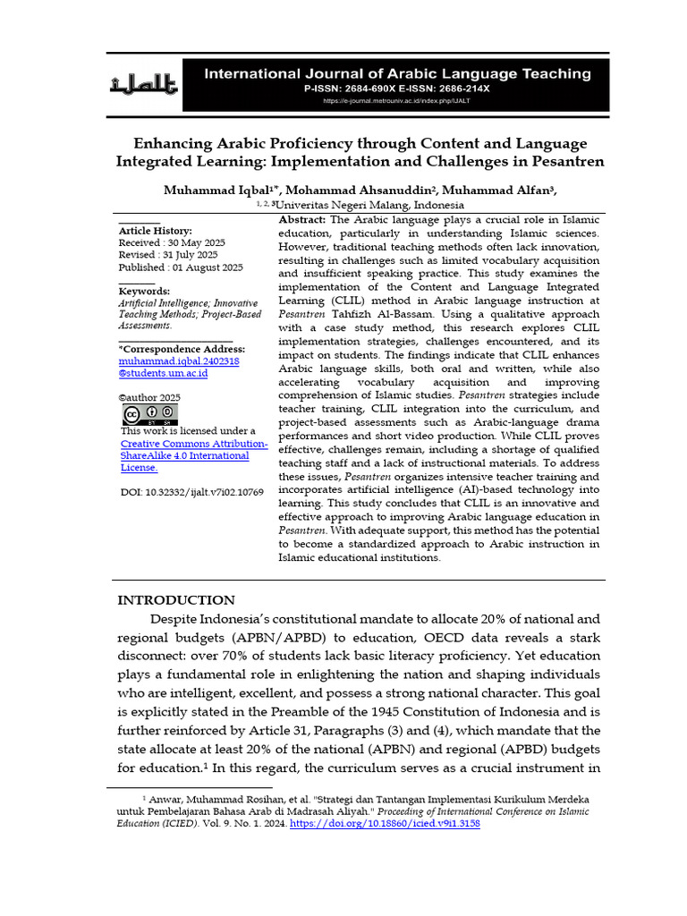 CLIL in Arabic Education at Pesantren | PDF | Language Acquisition ...