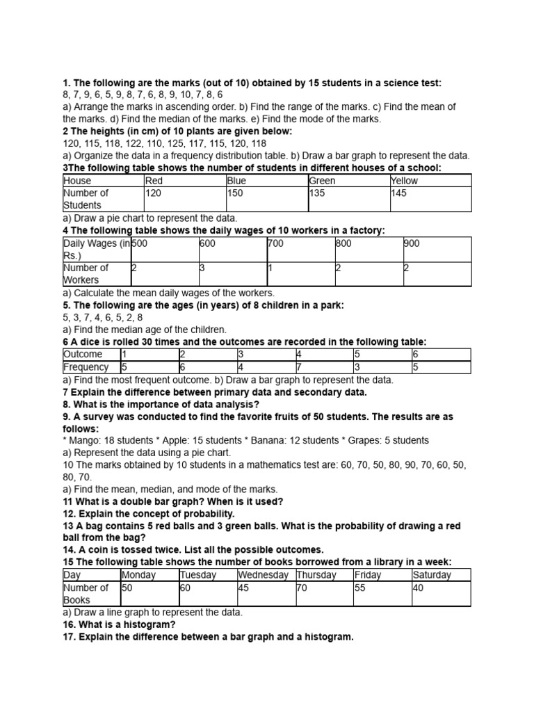Prepare A Data Handling Worksheet For Class - 8 And... | PDF