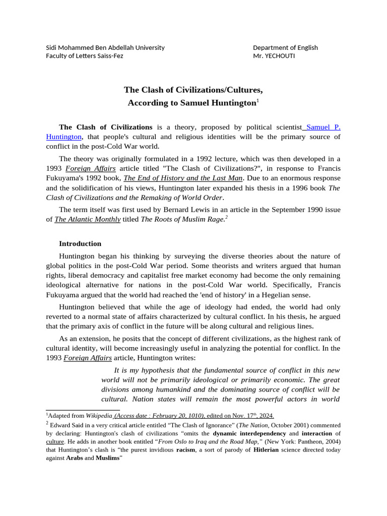 The Clash of Civilizations-Cultures According To Samuel Huntington ...