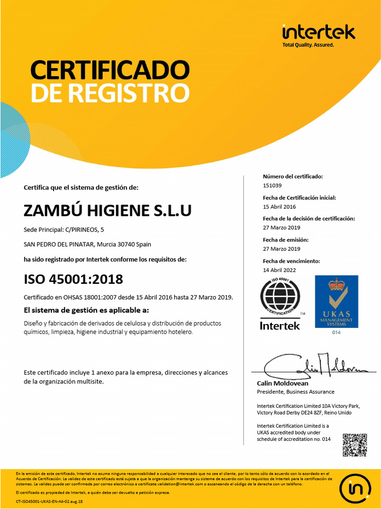 Certificación ISO 45001 Zambú Higiene S.L.U. | PDF