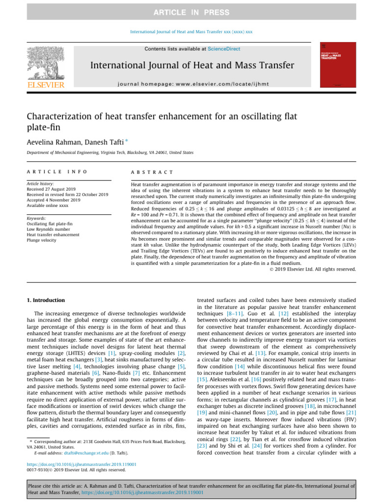 Heat Transfer Enhancement via Oscillating Plate-Fin | PDF | Heat ...