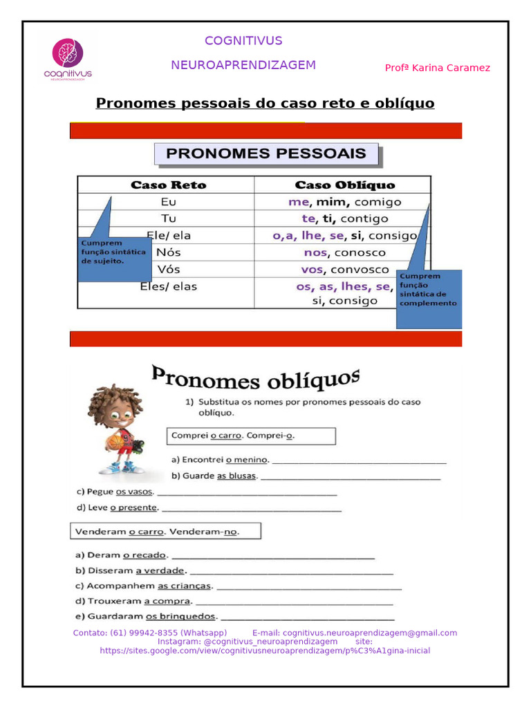 Pronomes Pessoais Do Caso Reto e Oblíquo | PDF