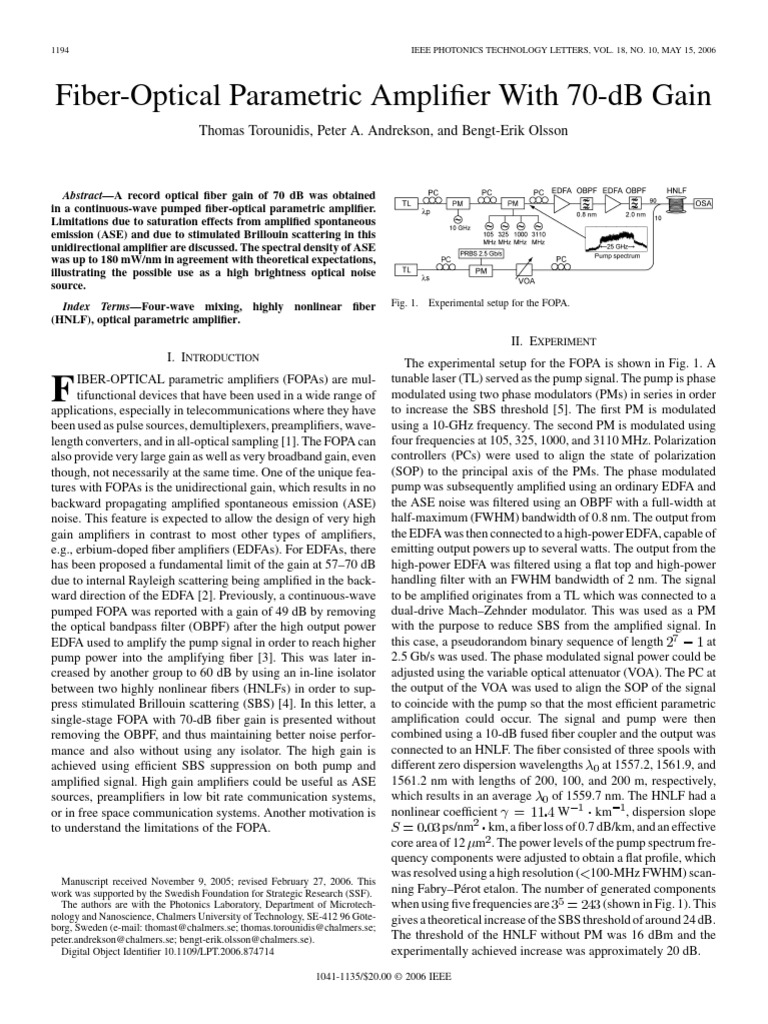 Fiber-Optical Parametric Amplifier With 70-DB Gain | PDF | Fiber Optic ...