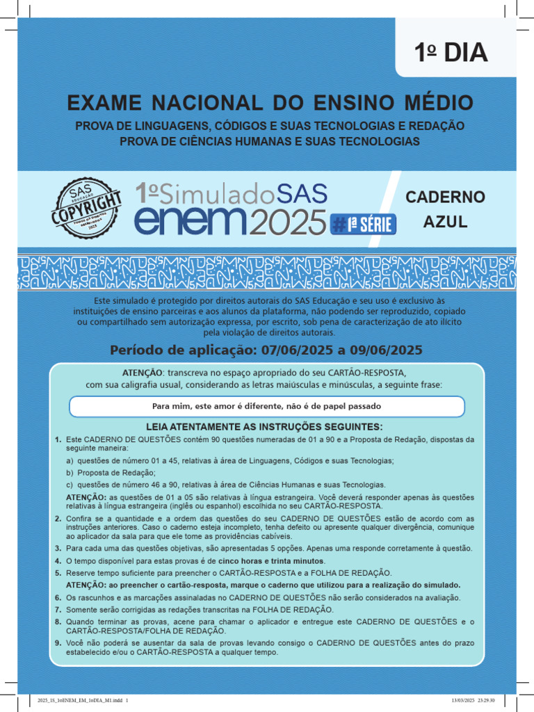 Simulado ENEM 2025: Provas e Instruções | PDF | Agricultura | Karatê