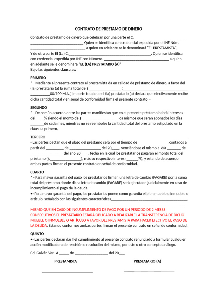 Contrato de Préstamo de Dinero | PDF | Pagos | Pagaré
