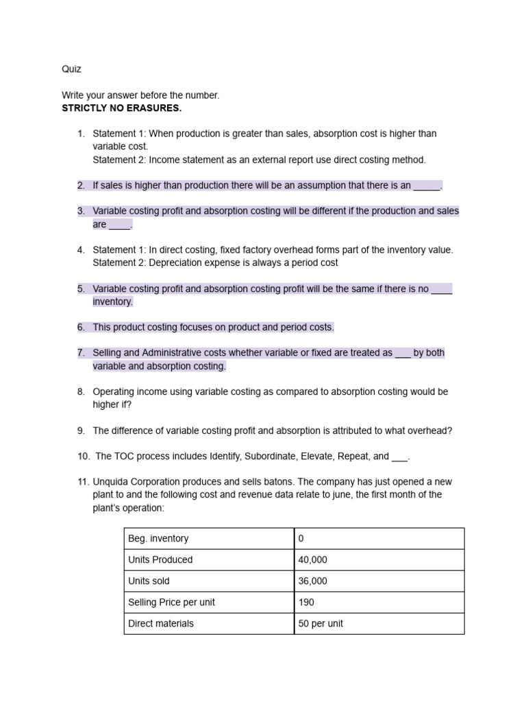 Costing Methods and Profit Analysis Quiz | PDF | Cost Of Goods Sold ...