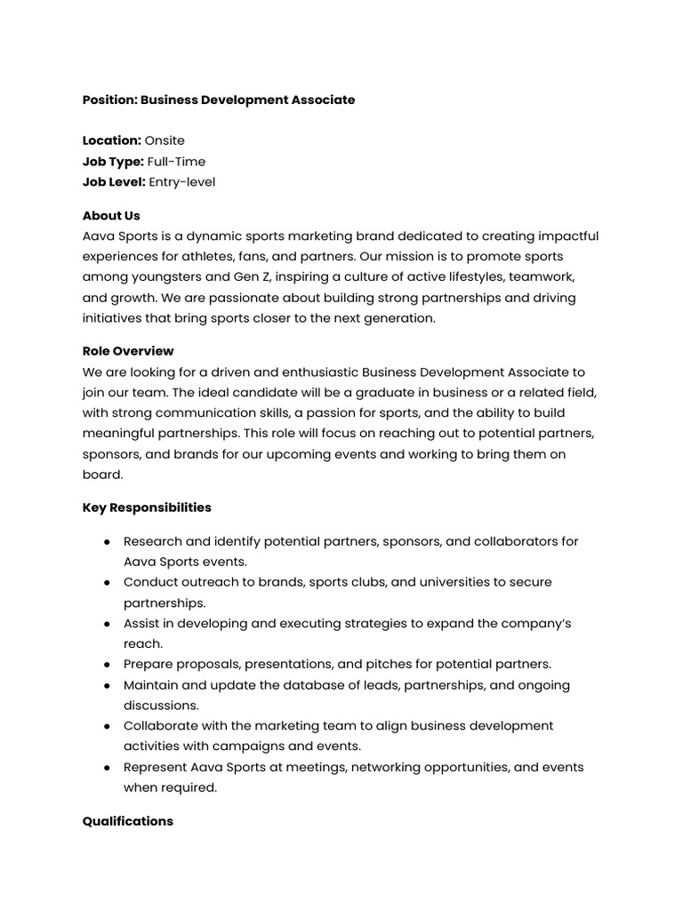 Business Development Associate - Aava Sports | PDF