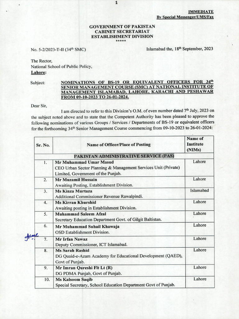 Nominations for 34th Senior Management Course | PDF | Islamabad | World ...