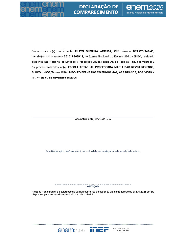 Declaração de Comparecimento ENEM 2025 | PDF
