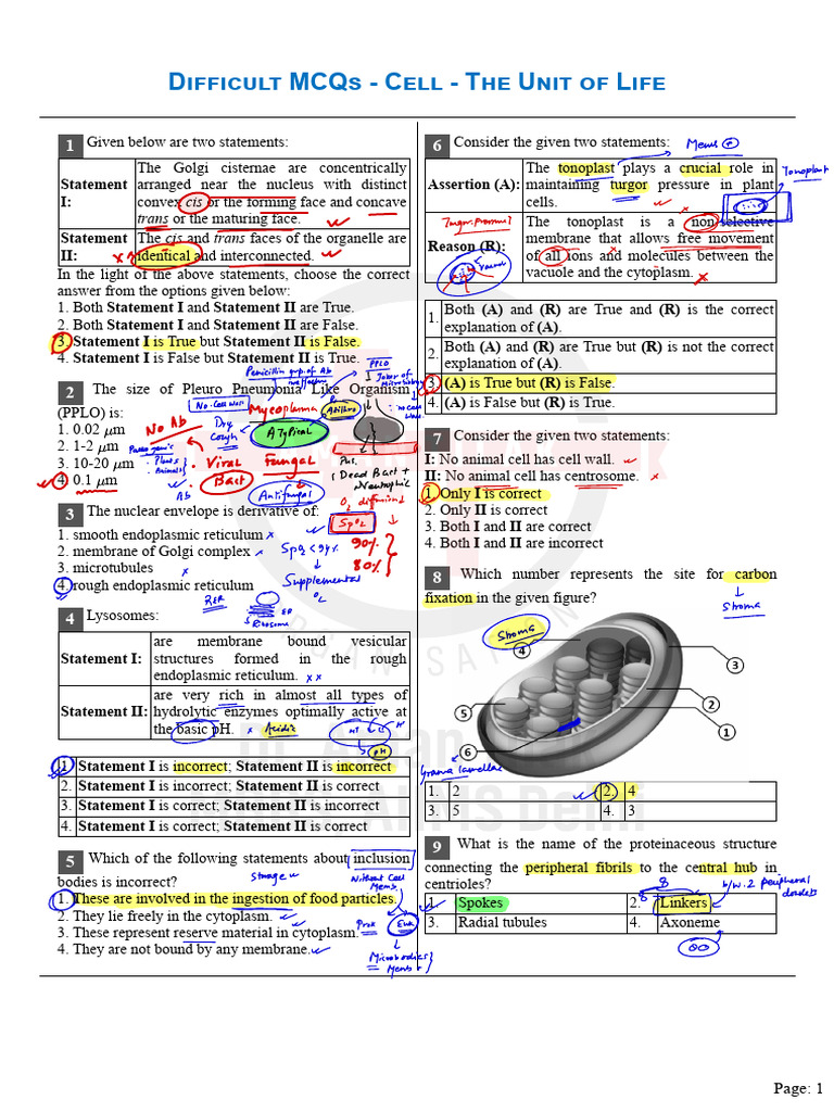 Difficult MCQs on Cell Biology Concepts | PDF | Meiosis | Mitosis