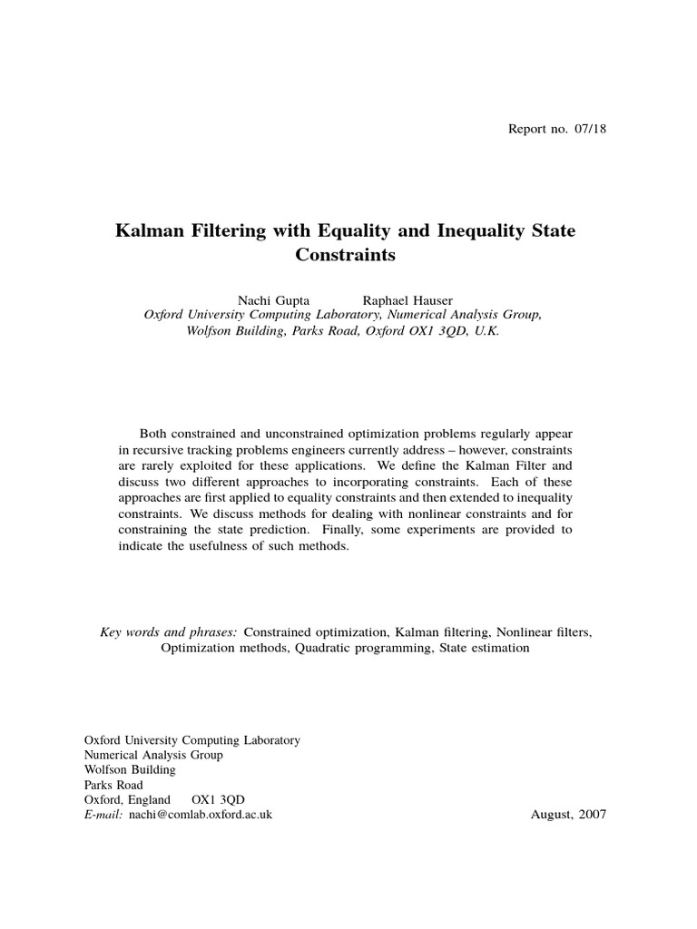 Kalman Filtering with State Constraints | PDF | Kalman Filter ...