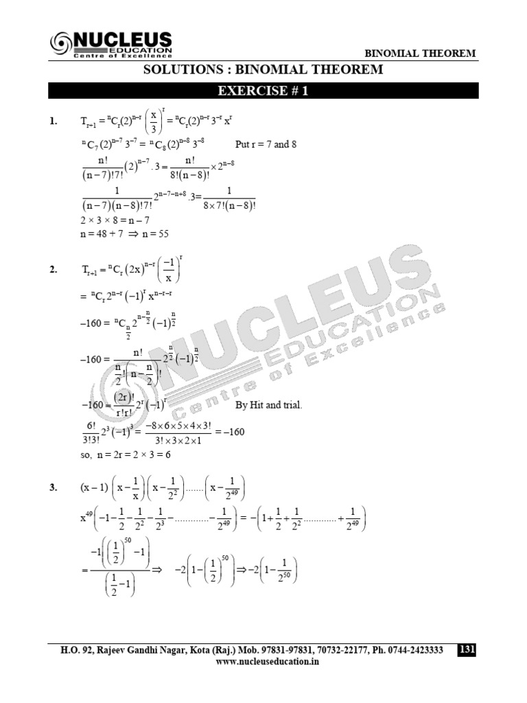 Binomial Theorem Solutions and Exercises | PDF | Chess Openings ...