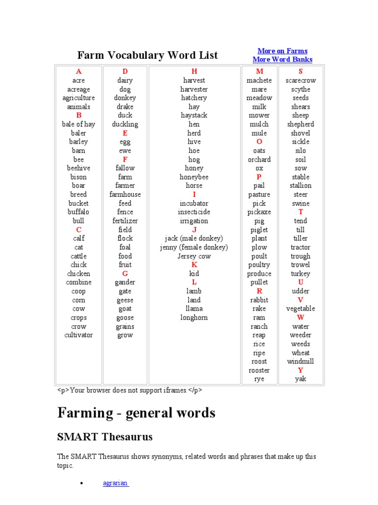 Farm Vocabulary Word List PDF Agriculture Cattle