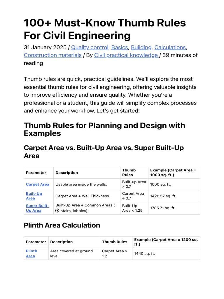 Essential Thumb Rules for Civil Engineering | PDF | Masonry | Concrete