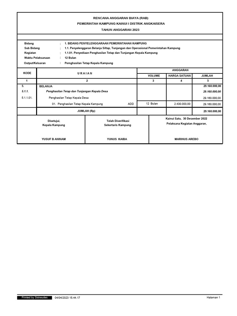 RAB 2023 Pemerintah Kampung Kainui I | PDF