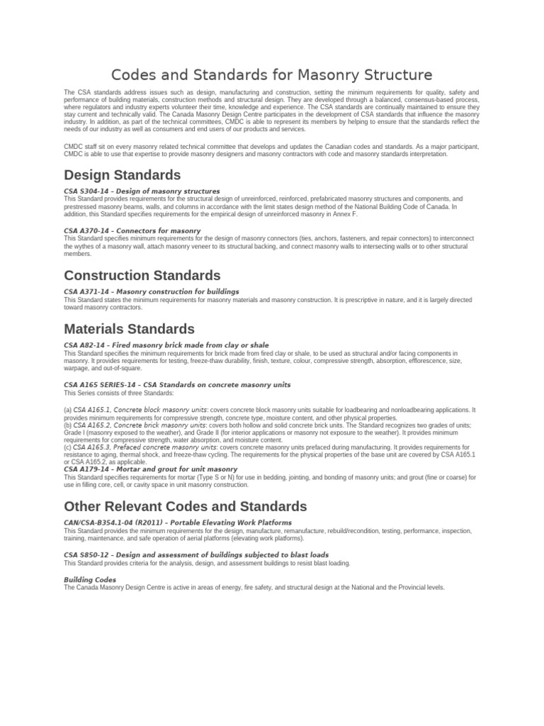 Masonry Standards Overview and Codes | PDF | Concrete | Masonry
