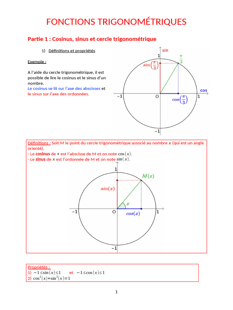 Fonctions trigonométriques : cosinus et sinus | PDF | Fonction ...